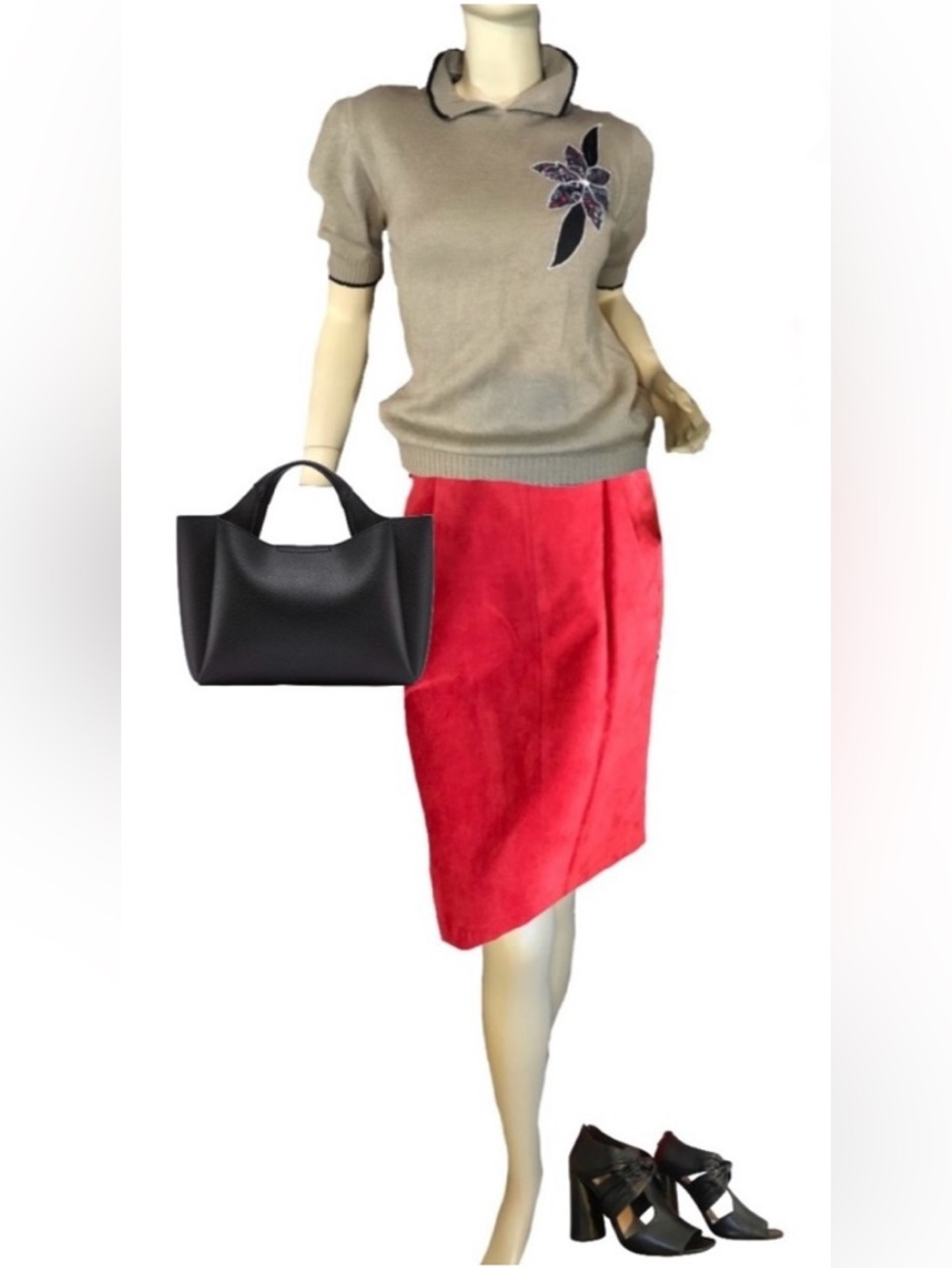 VINTAGE 1980'S TOFFS RED SUEDE PENCIL SKIRT (12)